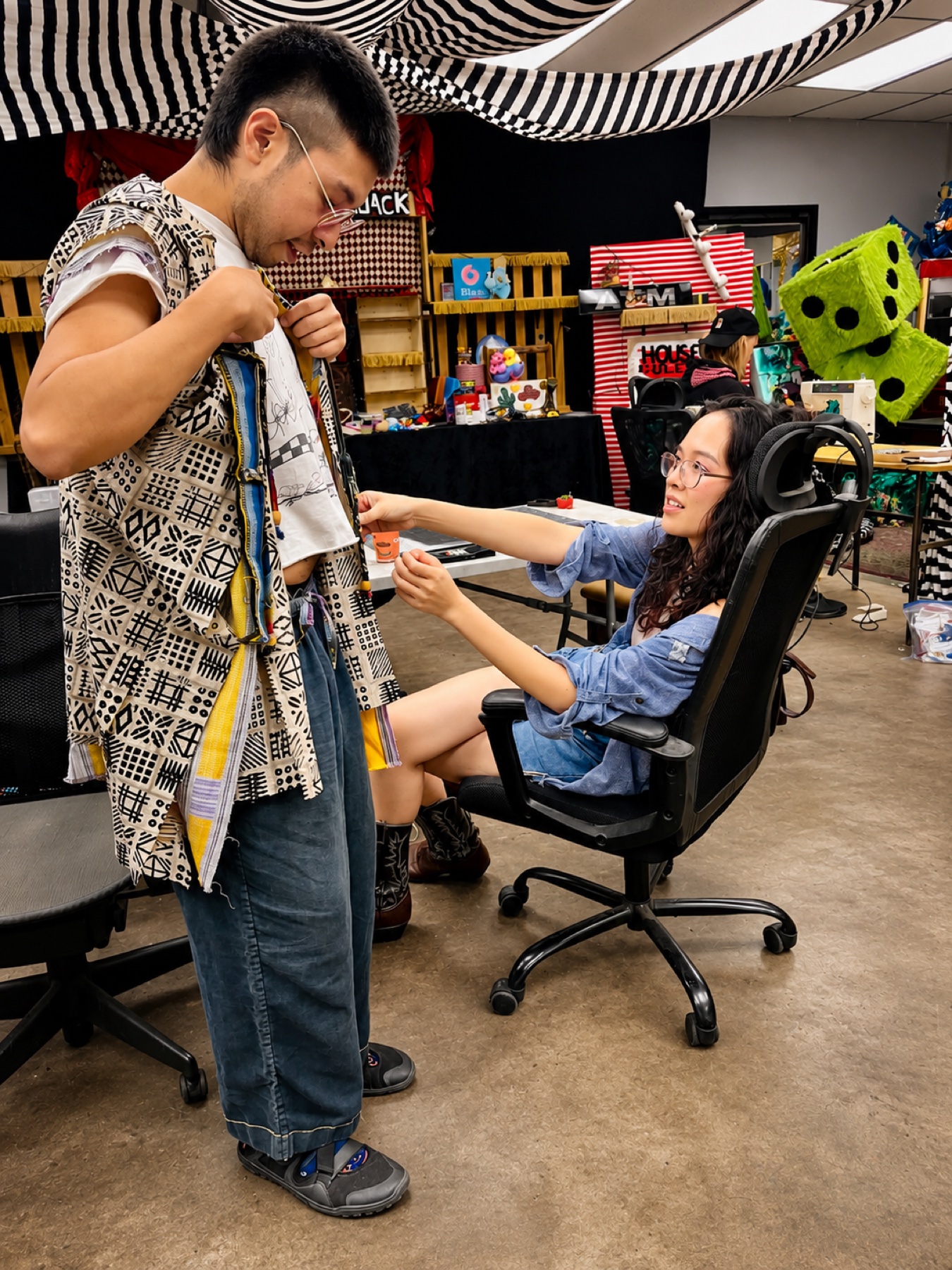 Art Night · pinning the fit on a hand-made patchwork vest