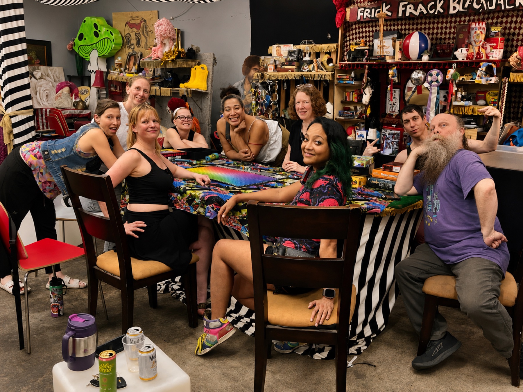 Game Night · the whole table turned toward the camera at the Frick Frack Blackjack booth