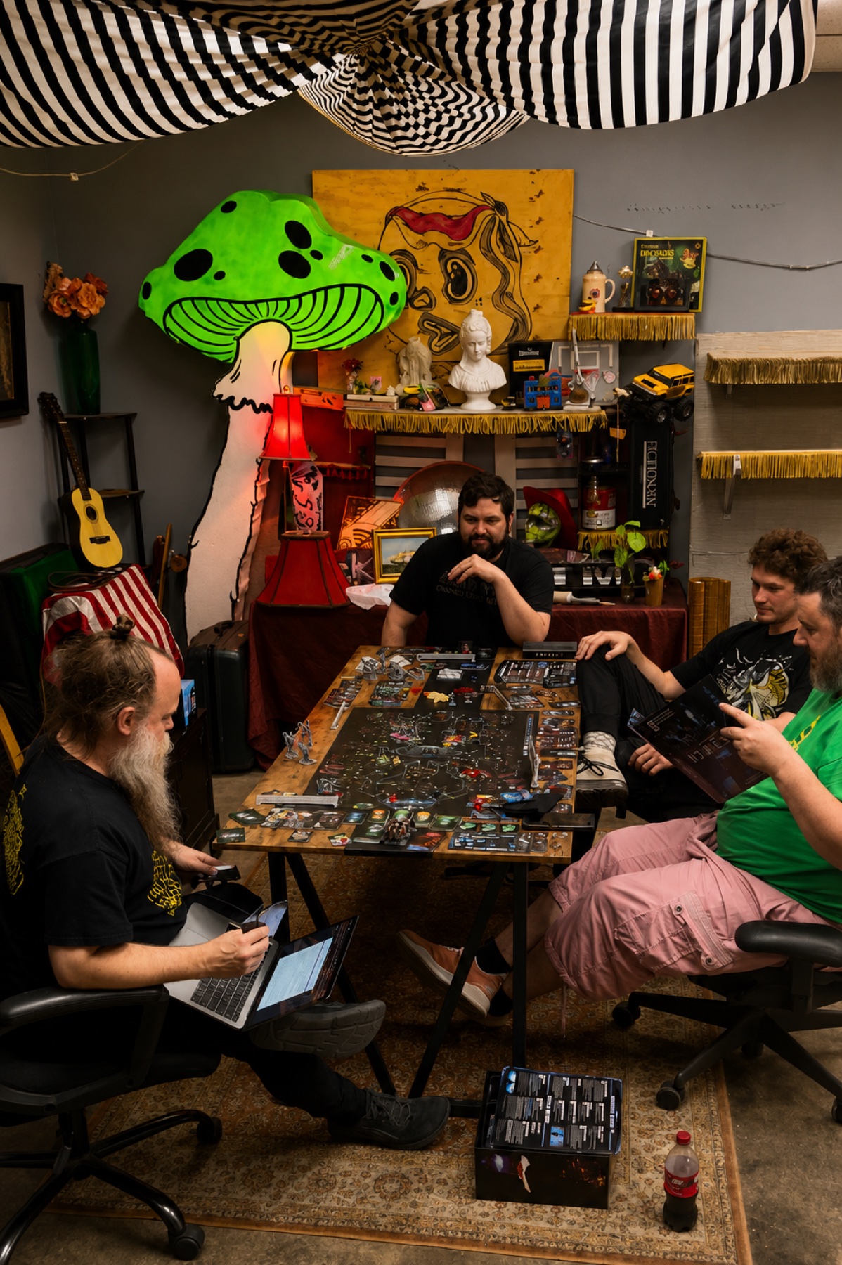 Game Night · four players around a sprawling strategy board under the glowing mushroom lamp