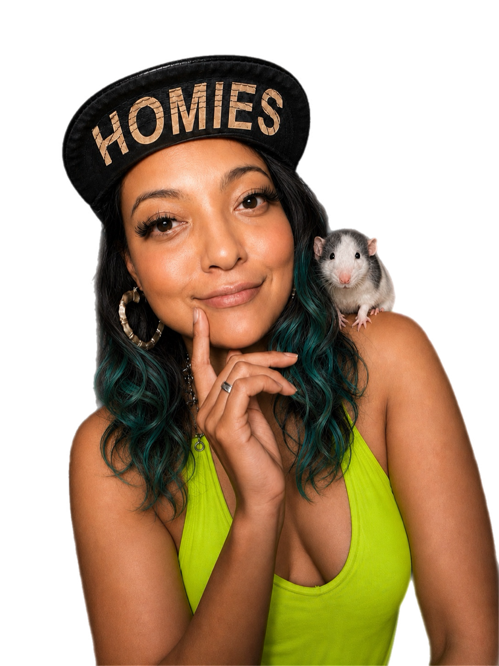 Sasha in a HOMIES cap, J&rsquo;Marcus the rat perched on her shoulder
